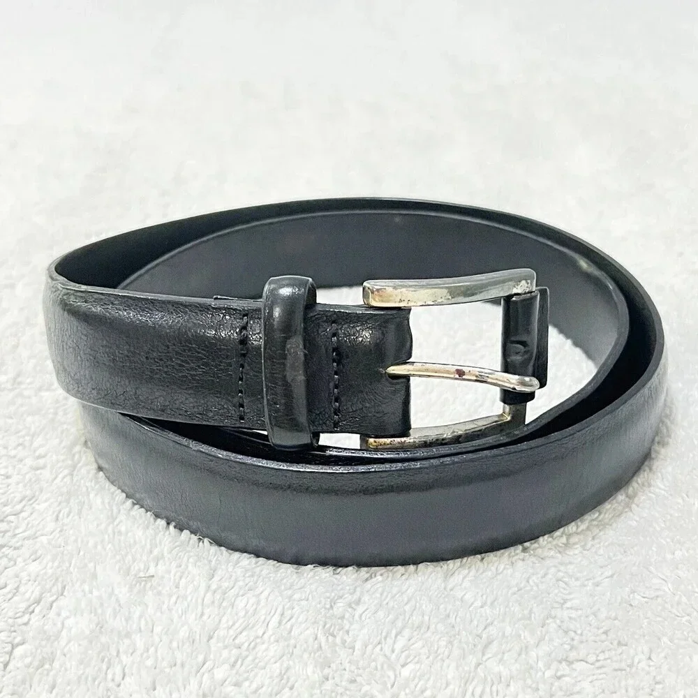 Mens Black Thick Leather Belt 36 Silver Buckle 1”Vintage Classic Grunge Goth